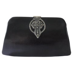 1930s Vintage Black Leather Clutch Bag with Marcasite Clasp