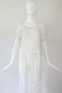 Vintage 1920's Filet Lace Floral Tabard Dress Creme Lace Dress US 6-10 UK 10-14