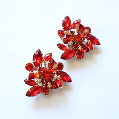 Vintage 1950's Red Rhinestone Statement Clip on Earrings