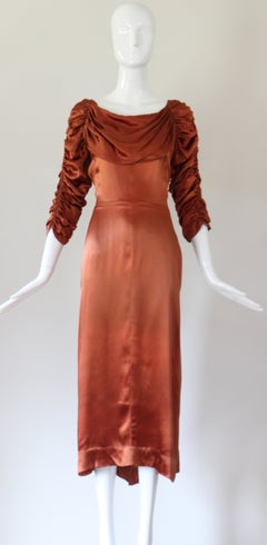 Vintage 1930s Satin Pleated Cocktail Dress Ruched Sleeves US 6 UK 10