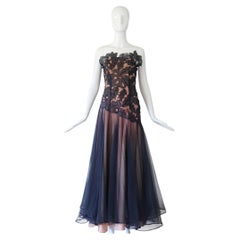 Vintage 1940's Navy Blue Floral Appliques Botanical Strapless Evening Gown US 4