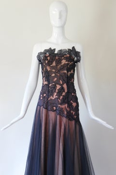 Vintage 1940's Navy Blue Floral Appliques Botanical Strapless Evening Gown US 4
