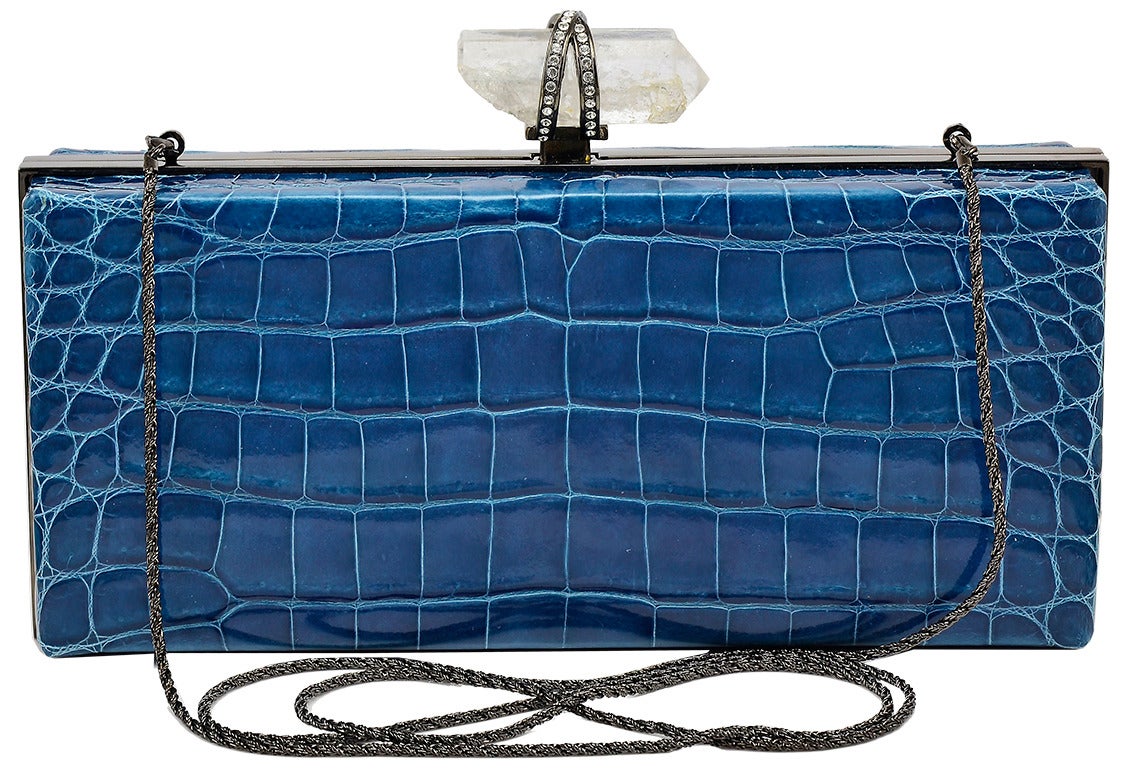 Marchesa Simonetta blue crocodile clutch with rock crystal closure. In mint condition, with dust cover, 2012-2013 collection. Original retail $5495.00.