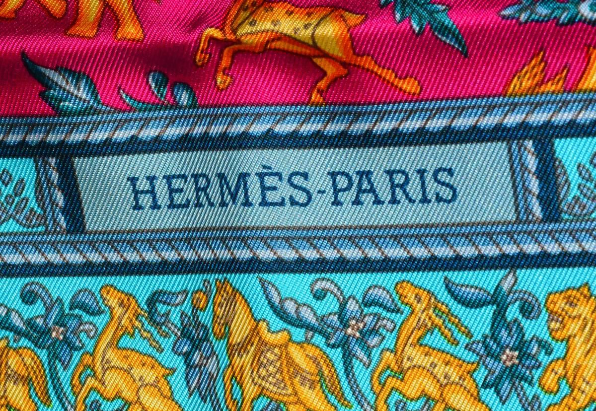 Gorgeous colorful Hermes 35 inch square silk scarf in new condition from Gem de la Gem, with box.