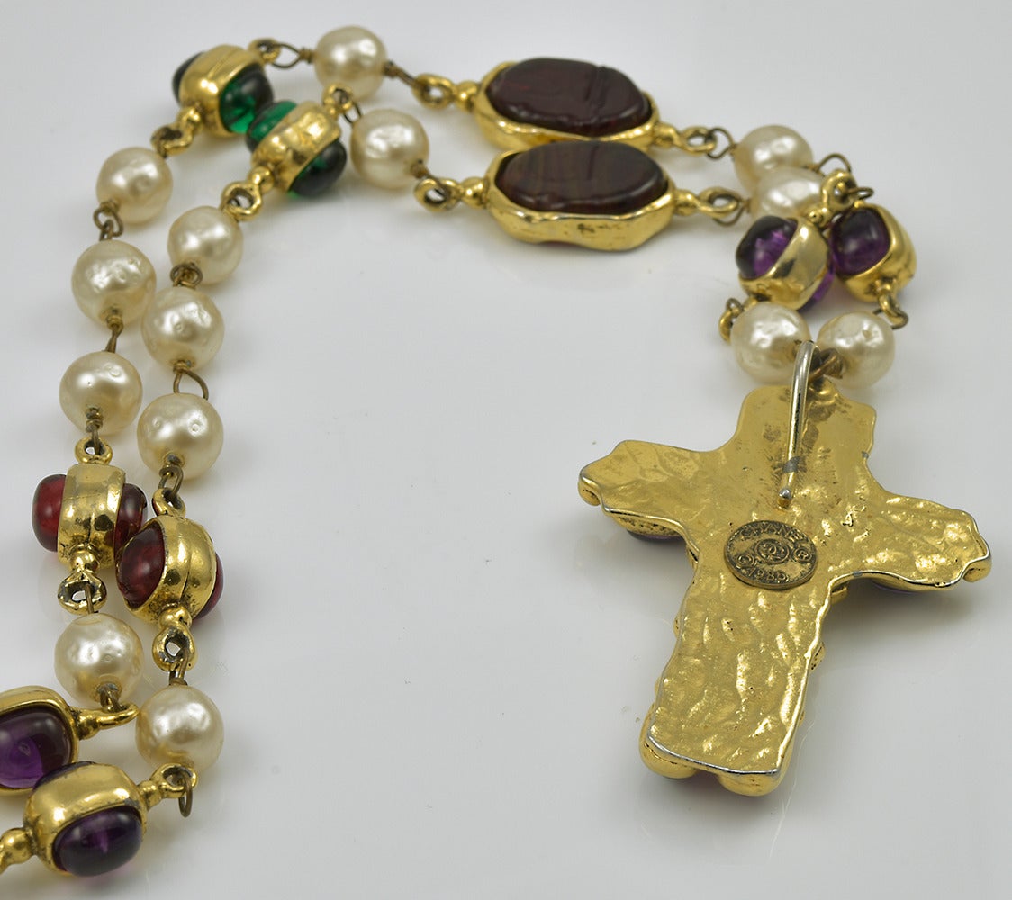 Rare, gorgeous Chanel cross, Gripoix and pearl on chain. Signed and dated 1985.