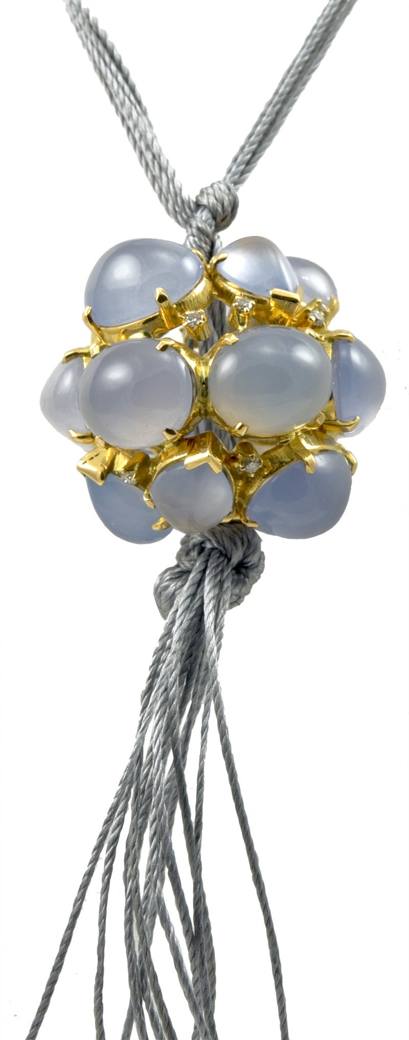 Magnificent original 18K Virginia Witbeck Chalcedony and diamond ball on silk corn necklace. Can easily be removed from cord and used on a chain.