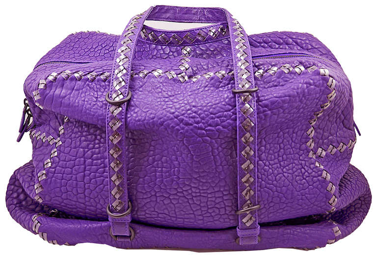 Gorgeous purple Bottega Veneta medium top handle bag.  Impeccable extra soft textured lambskin that's crunches down to be worn as a shoulder bag, or stuff it to the max and have a top handle overnighter. Extremely versatile.  Two zip closure, one