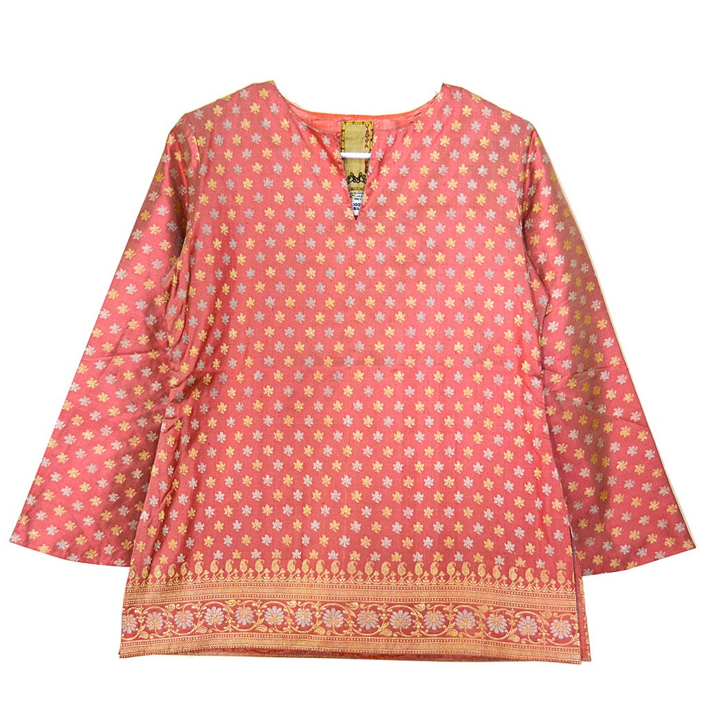 Gorgeous Virginia Witbeck 1990s Pink/ Coral Kurti Silk Blouse For Sale