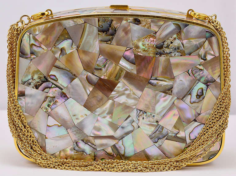 Gorgeous Darby Scott mother of pearl minaudière, with detachable multi chain strap.