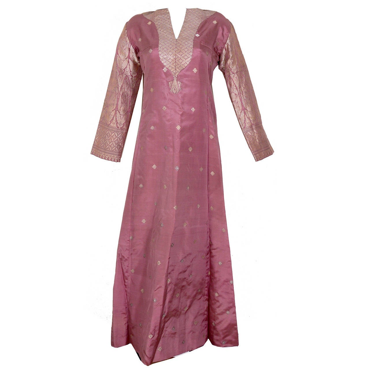 Magnificent old rose evening caftan and matching sleeveless coat. A-Line, silk lined, fits up to a 6-8 for ideal fit. In new condition, never worn. Original retail at Bergdorf Goodman in the 1990s was $4500.this is a one of a kind piece made of