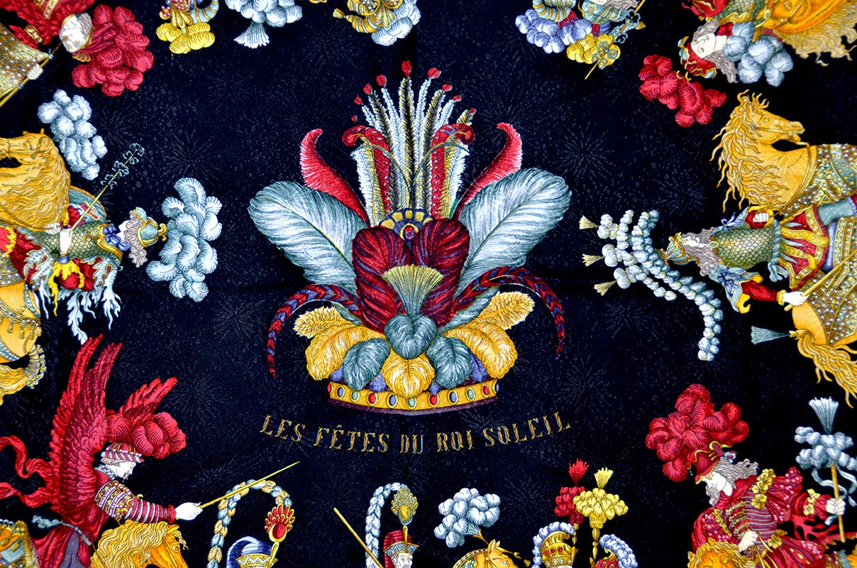 Black Gorgeous Hermes Les Fetes Du Roi Soleil Silk Scarf