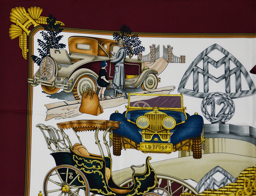Absolutely stunning Hermes scarf depicting cars. Pristine condition, gorgeous color palette.