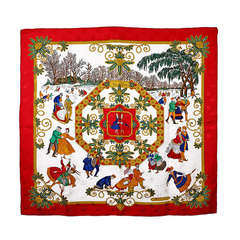 Gorgeous Hermes Ice Skating Scene Silk Scarf