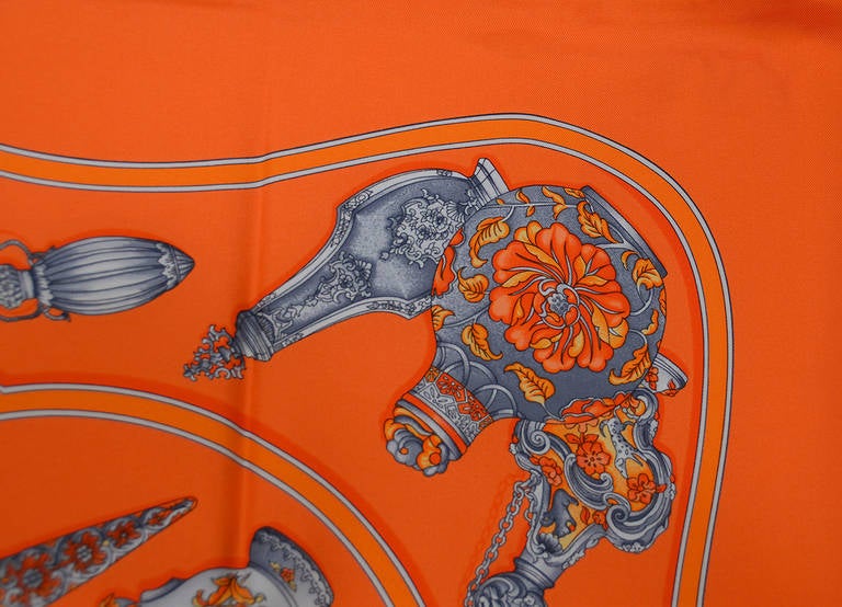Signature Hermes Orange Perfume Bottle Scarf In New Condition In Teaneck, NJ
