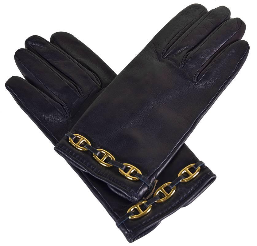 Classic Hermes Leather Gloves with Gold Chaine D'Anchre Accents