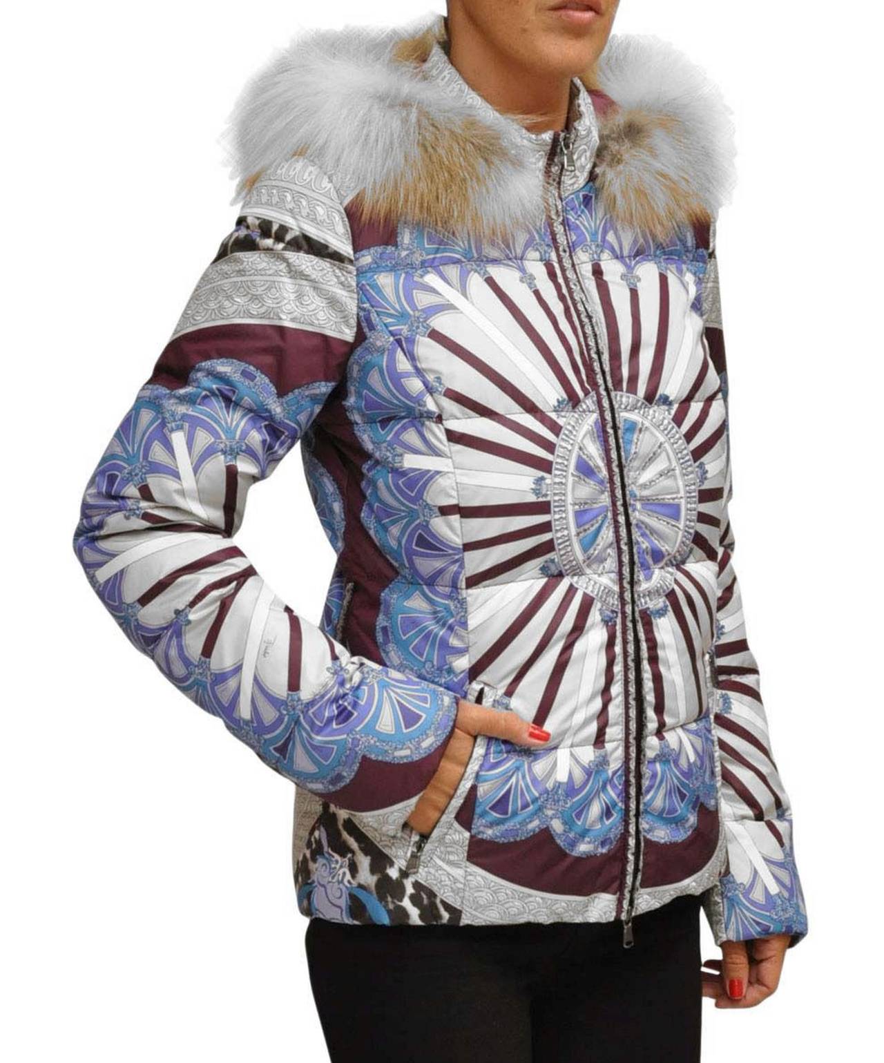 Sensational and Very Rare Emilio Pucci Silk Down Jacket with detachable Fox Fur Hood. From Autumn/Winter 2012, this jacket was a limited edition that was sold out everywhere, and to my knowledge this is the only one available for sale in the world.
