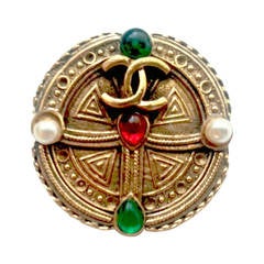 Rare Vintage Chanel Couture Byzantine Pearl Cabochon Gold Brooch