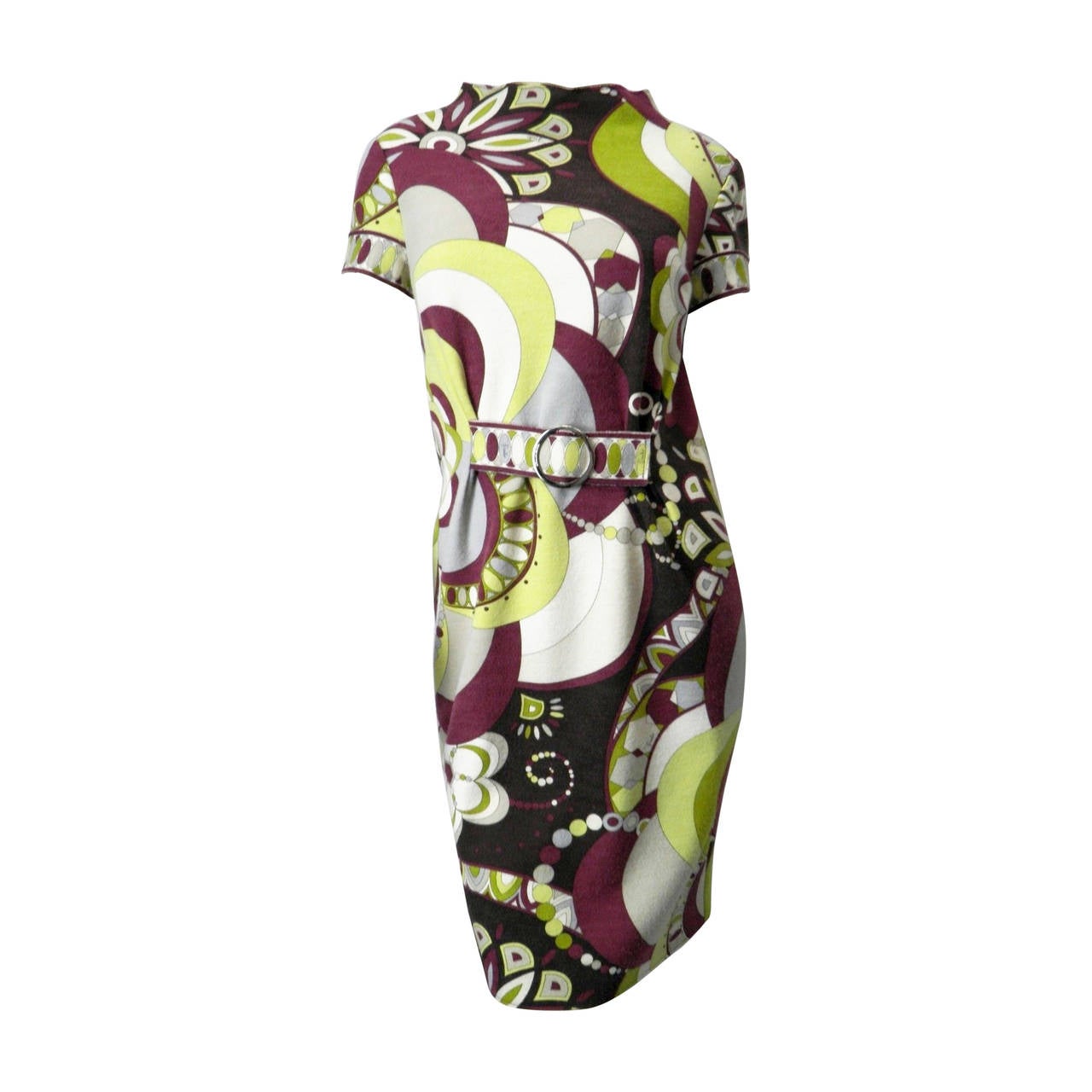 1990s Emilio Pucci Haute Couture Wool Silk Mod Dress with Belt Detail For Sale