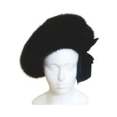 Retro Wonderful and Rare 1980s Chanel Mink Beret Hat with detachable Satin Bow