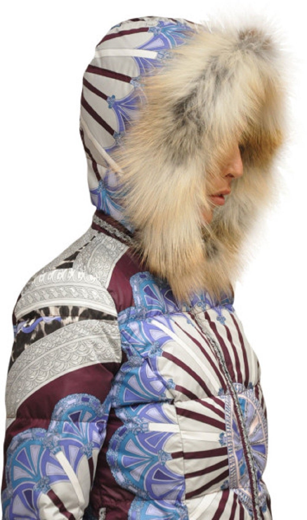 Rare Emilio Pucci Blue and Burgundy Silk Down Jacket with Fox Fur Hood In Excellent Condition In London, UK