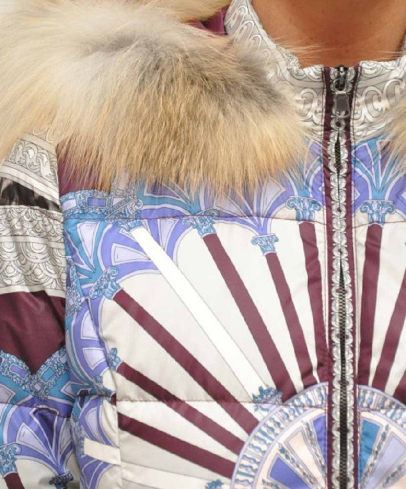 Women's Rare Emilio Pucci Blue and Burgundy Silk Down Jacket with Fox Fur Hood