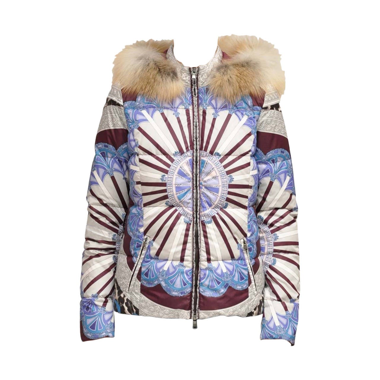 Rare Emilio Pucci Blue and Burgundy Silk Down Jacket with Fox Fur Hood