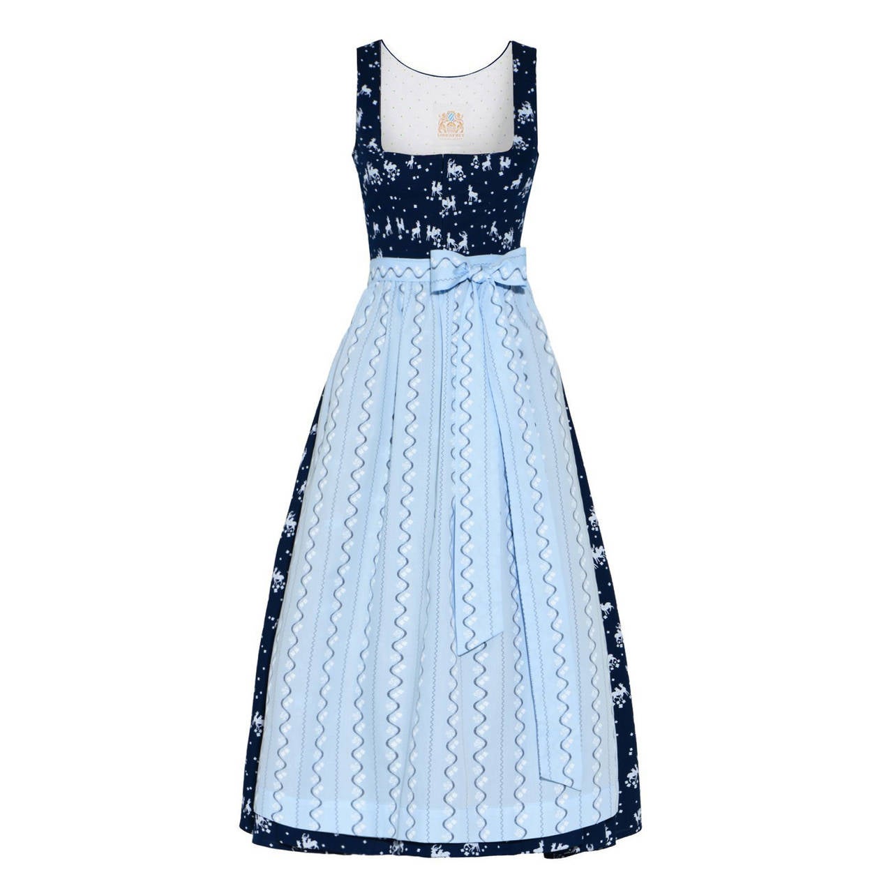 Navy Blue Cotton Silk Dirndl Dress with Pale Blue Apron by Lodenfrey of Munich For Sale