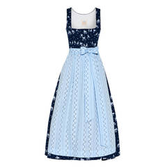 Navy Blue Cotton Silk Dirndl Dress with Pale Blue Apron by Lodenfrey of Munich