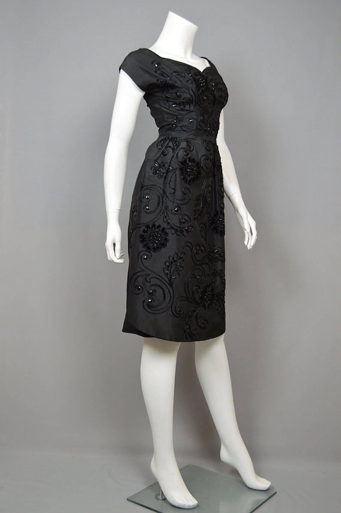 Women's 1950s Demi-Couture Adele Simpson Beaded Black Silk Cocktail Dress For Sale