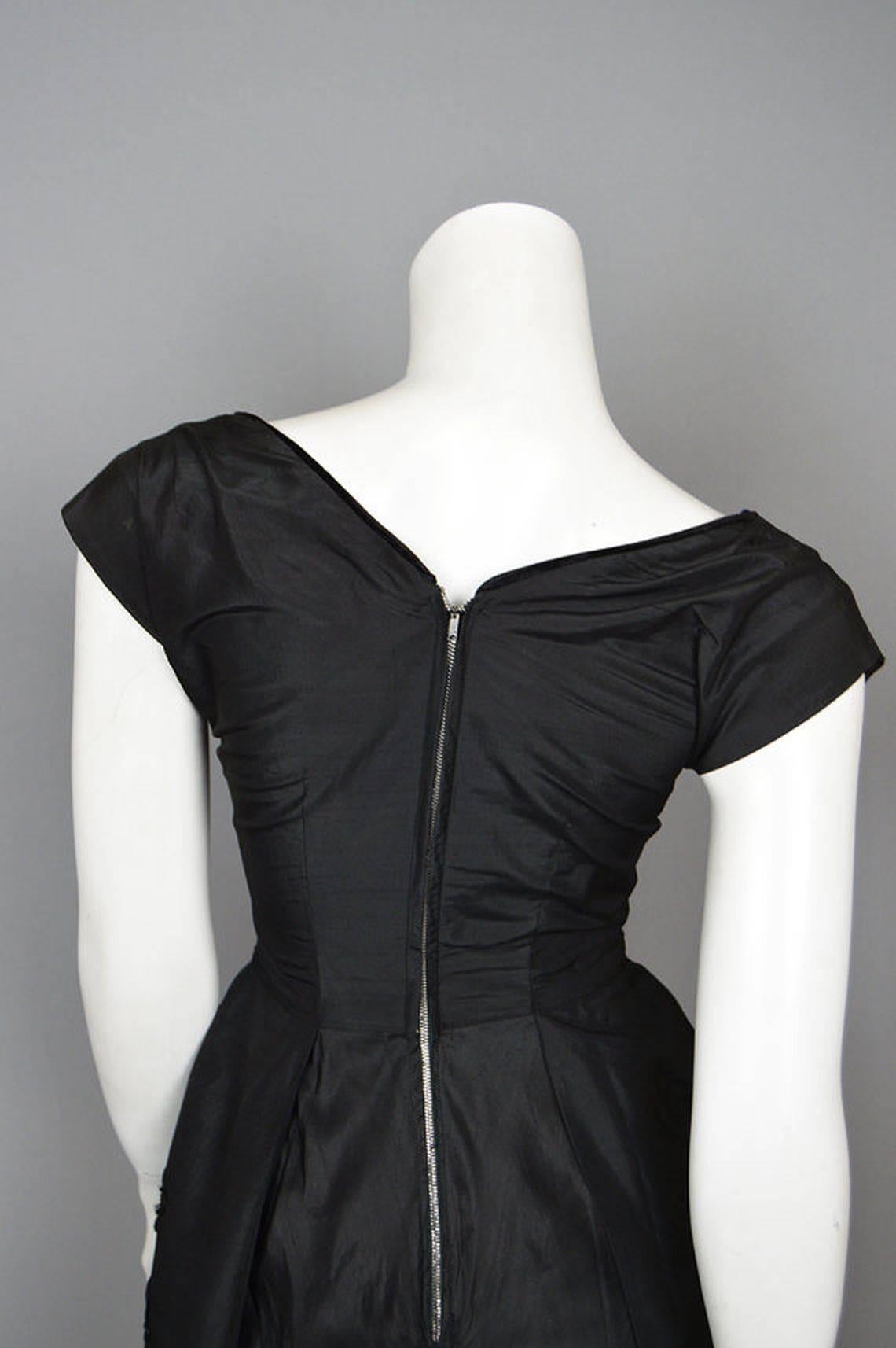 1950s Demi-Couture Adele Simpson Beaded Black Silk Cocktail Dress For Sale 1