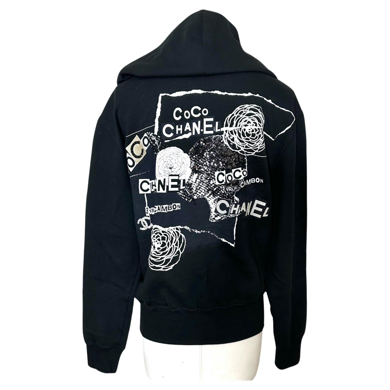 CHANEL Black Hoodie Jacket Cardigan Sweater Long Sleeve Graphic White Zipper S