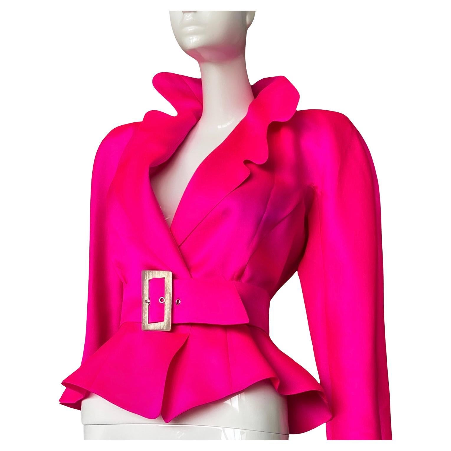 Favoloso top rosa caldo di Thierry Mugler, camicetta drammatica del 1988.