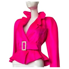 Favoloso top rosa caldo di Thierry Mugler, camicetta drammatica del 1988.