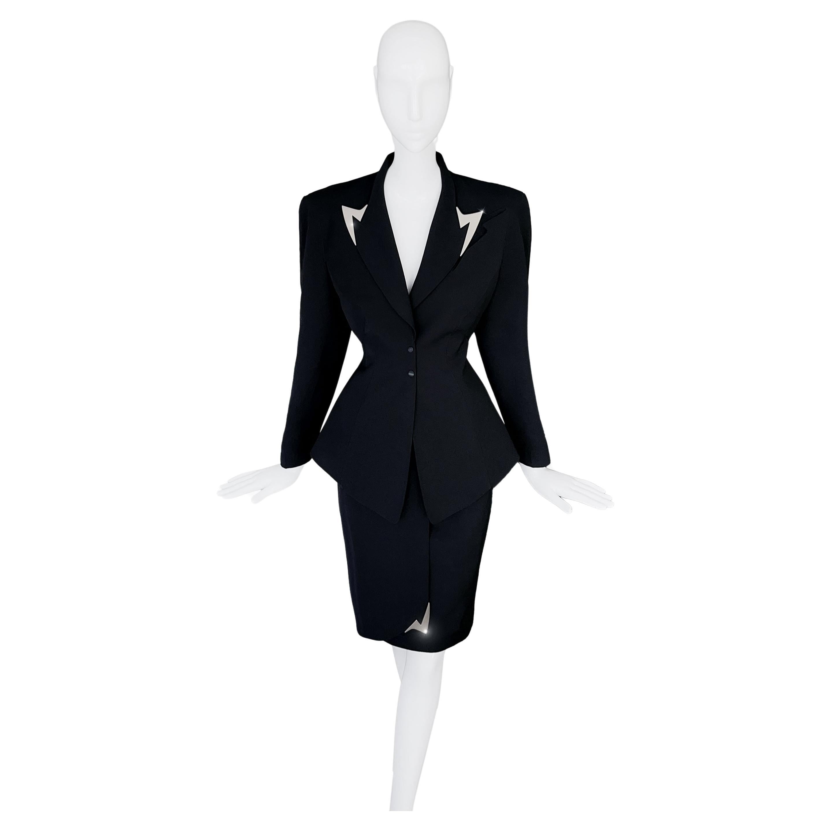 Thierry Mugler Archival SS 1991 Skirt Suit Silver Metal Lightning Bolts For Sale