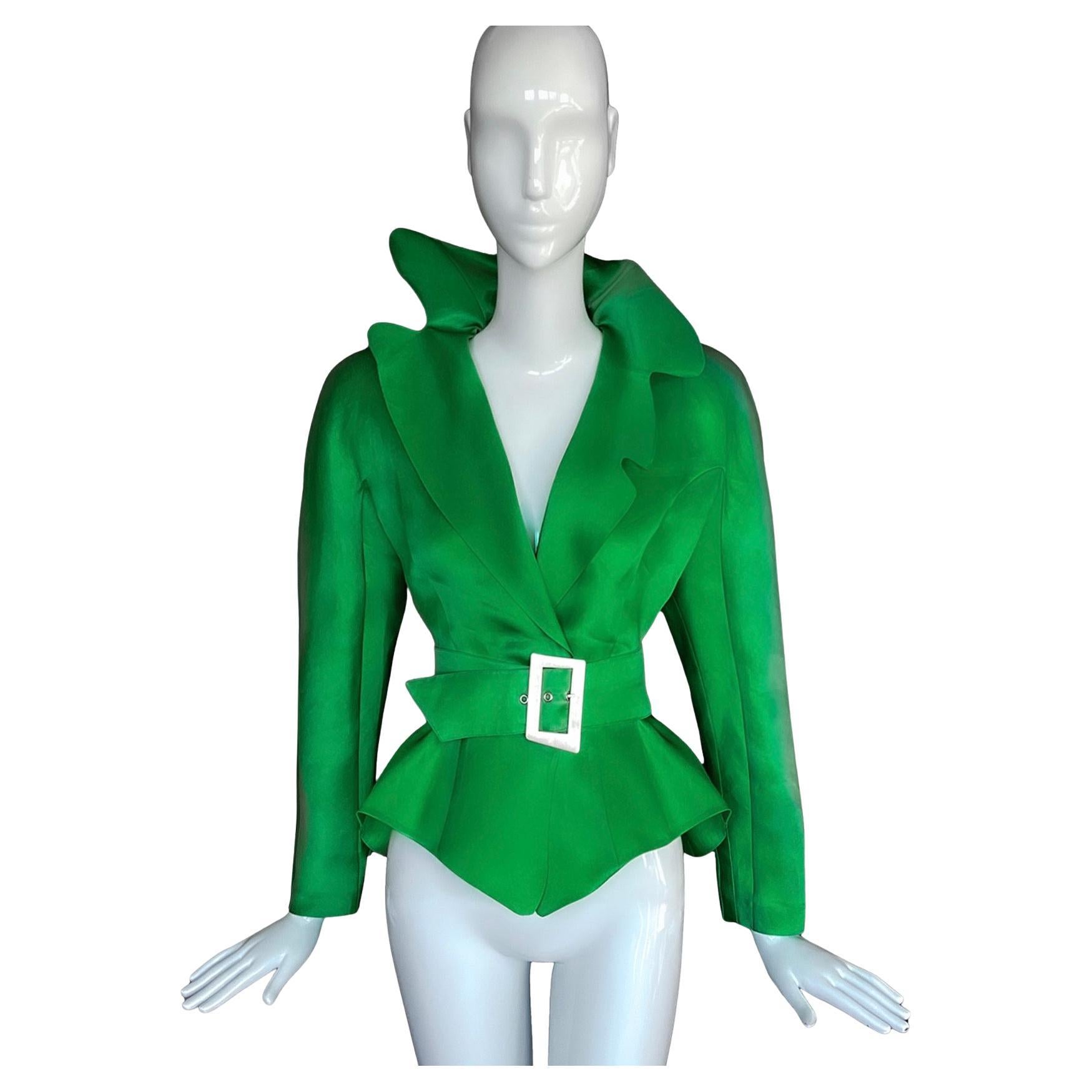 Blusa icónica "Samantha Jones" Thierry Mugler de seda verde eléctrico en venta
