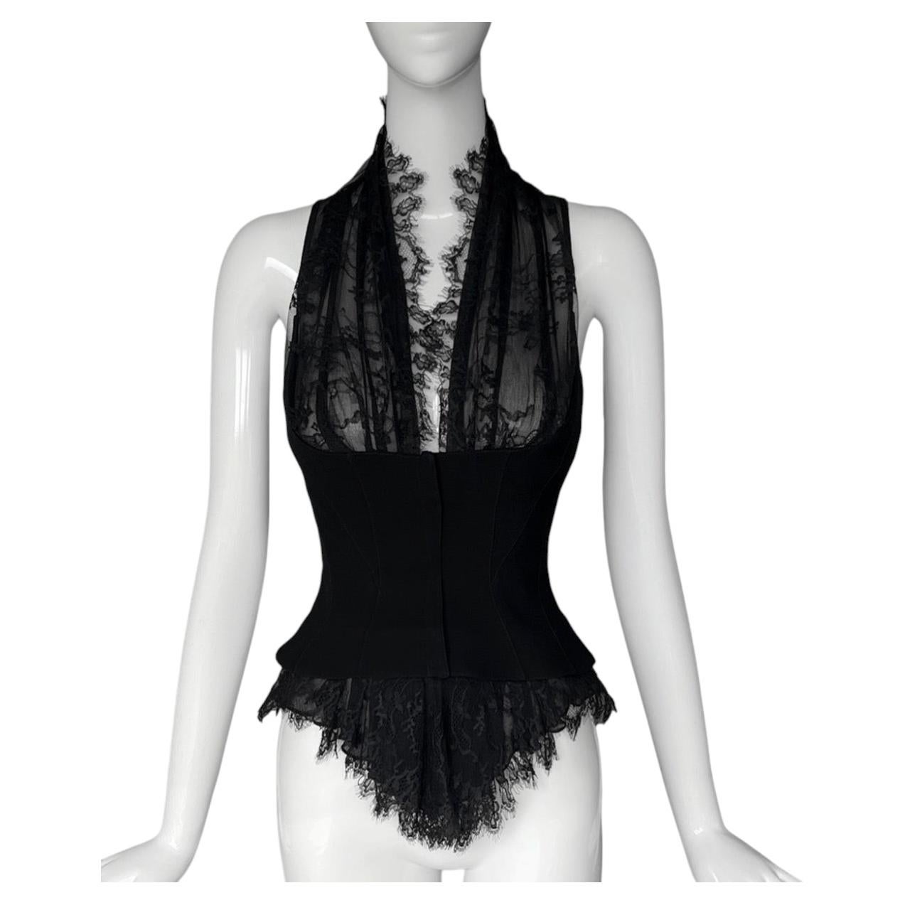 Wunderschöne, halbtransparente schwarze Spitzen-Bustierbluse mit Seidenoberteil von Mugler