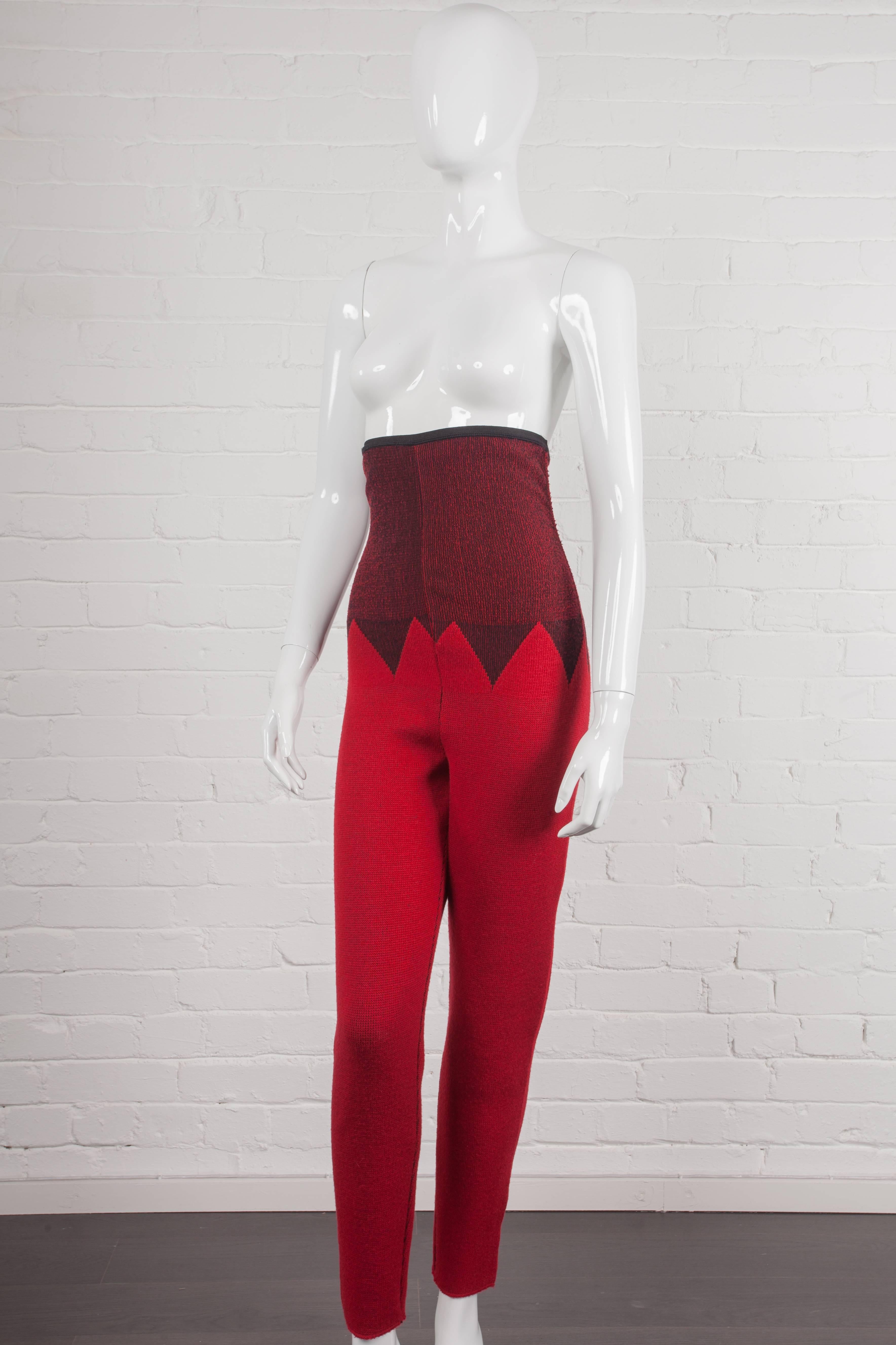High-waisted stretch wool blend all-in-one trousers with boob tube bodice and elasticated over-breast band. From the Fall/Winter 1987/88 “Forbidden Gaultier” Collection by “JEAN PAUL GAULTIER pour EQUATOR”. Straight leg, with blended diamond design