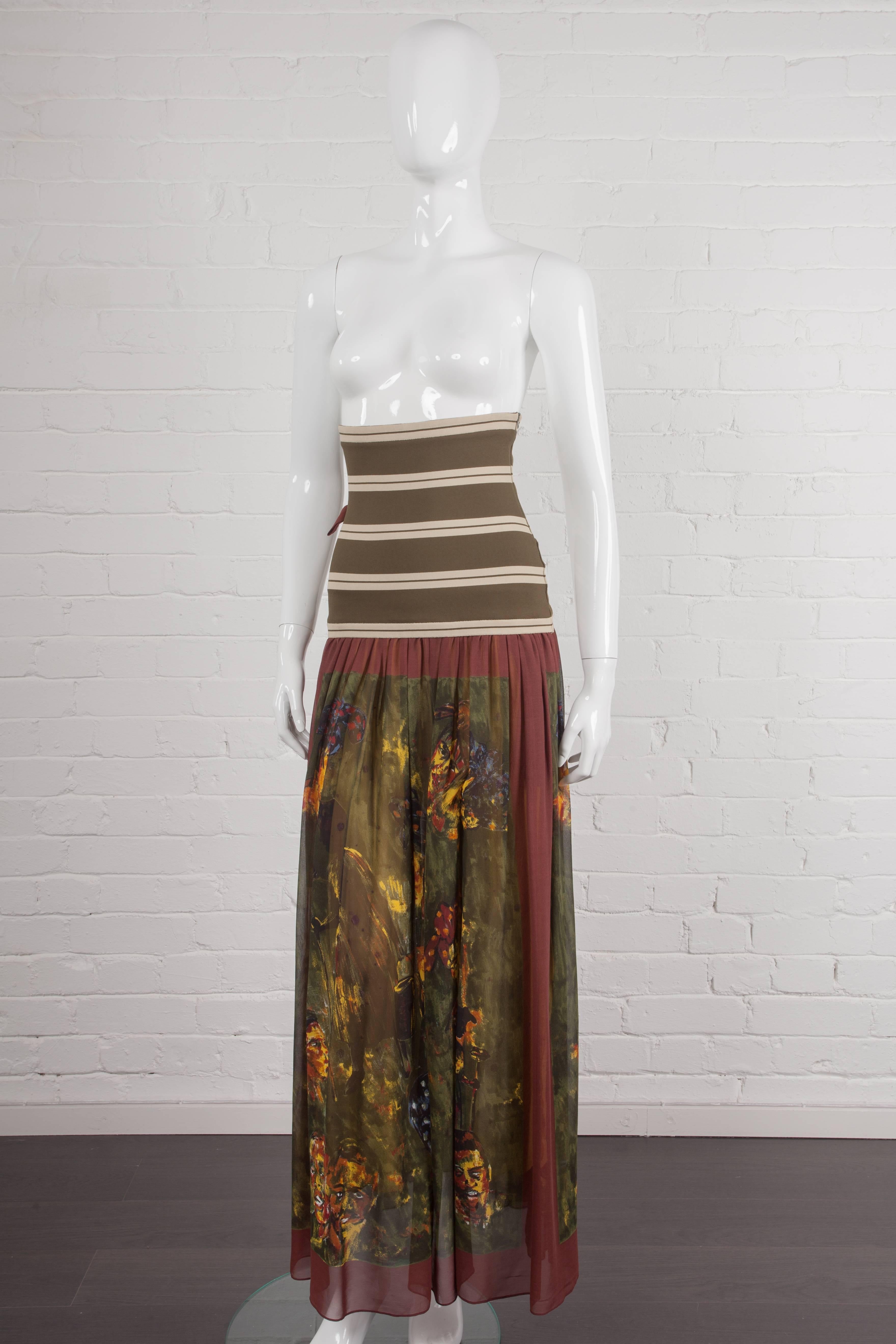One-piece long skirt in silk viscose with attached boob tube in polyamide elastane. From the 1988 Spring/Summer “The Concierge in the Staircase” Collection. Semi-transparent at the back, the skirt features a second layer to the front in silk viscose