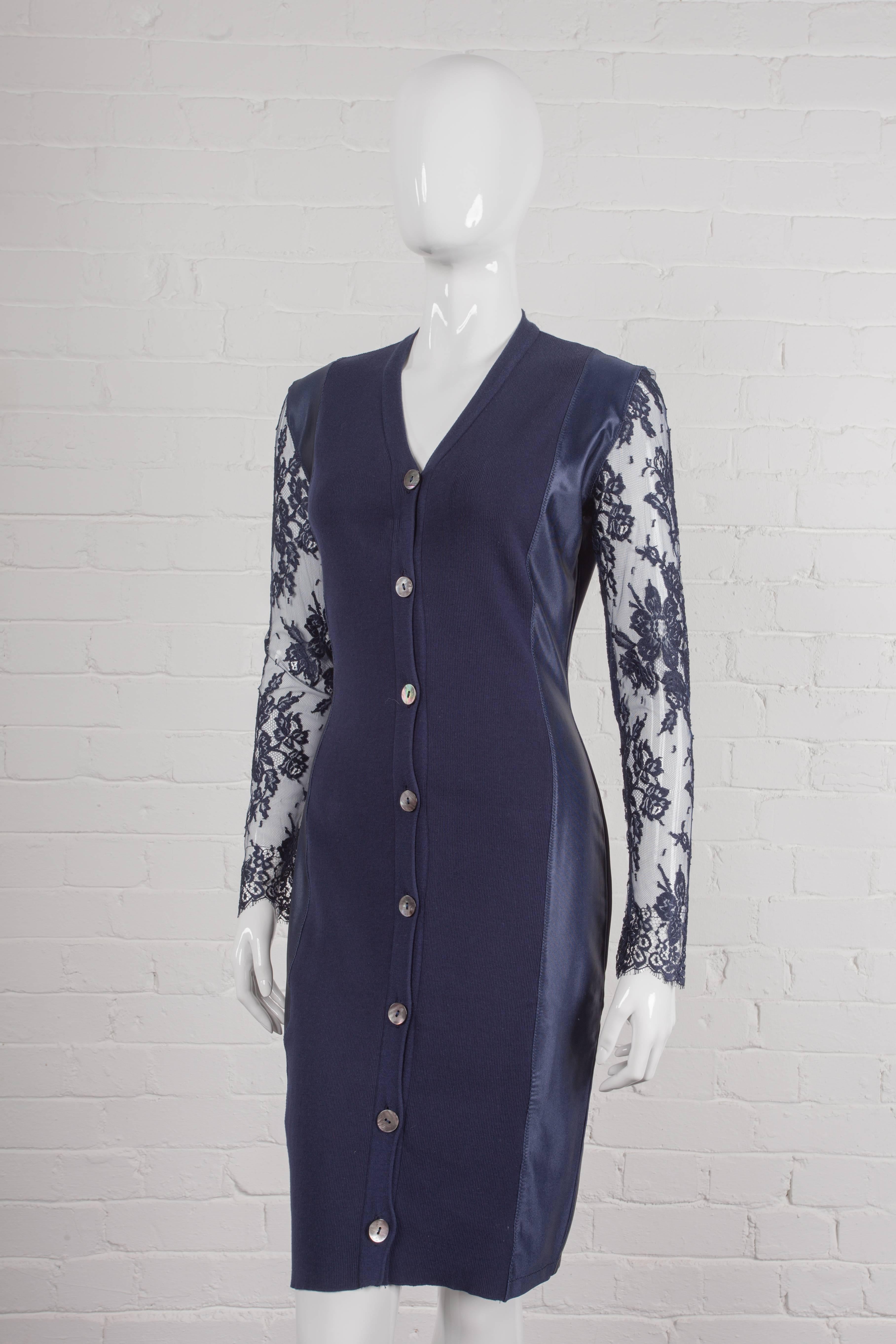 Vintage lace sleeve dress.

Cardigan-style dress with lace sleeves, and ribbed cotton panels front and back, and Mother of Pearl buttons. Also featuring stretch polyamide elastane side panels. From the Fall/Winter 1988/89 “Boarding Schools”