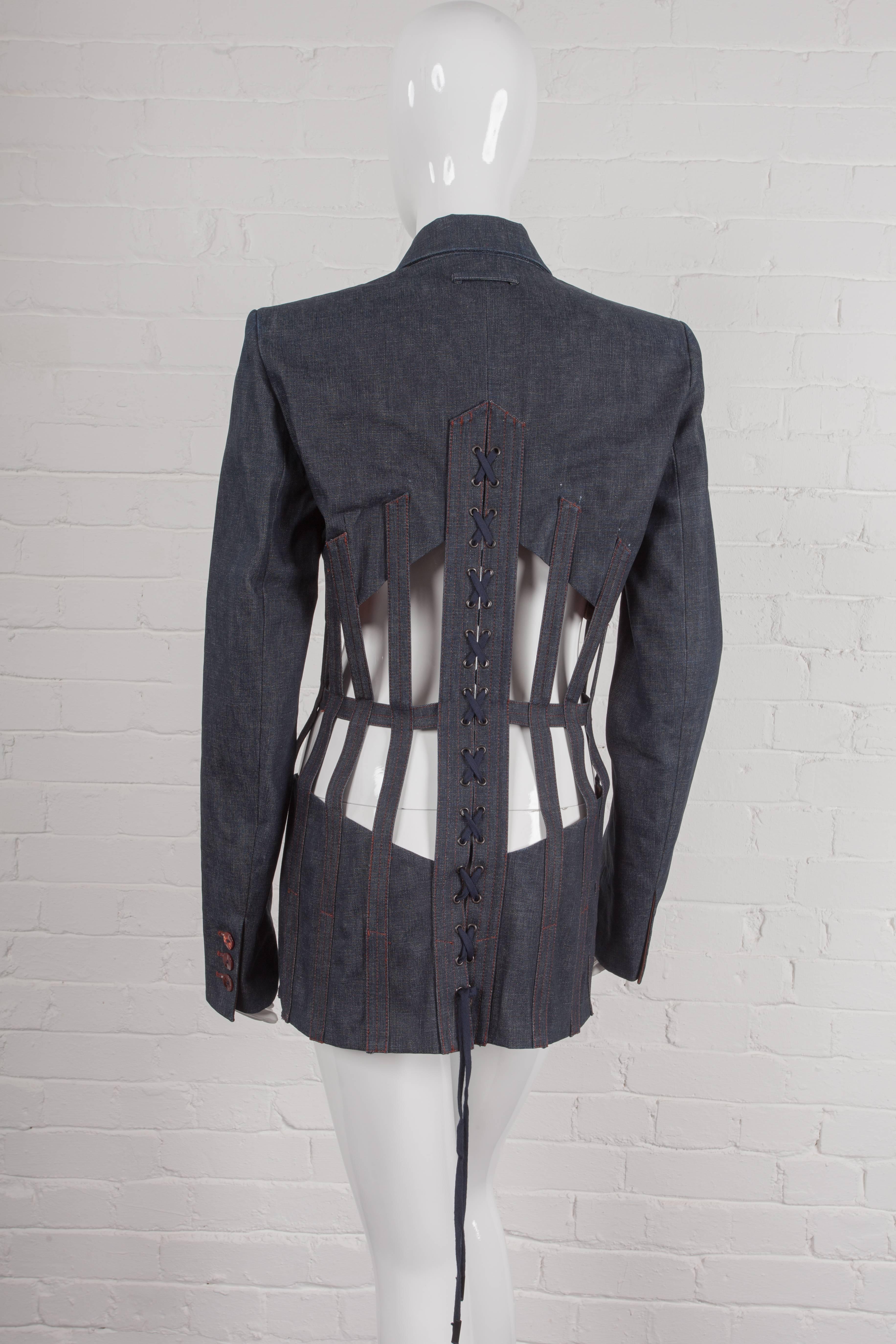 Jean Paul Gaultier Iconic 1989 “Les Rap’Pieuses” cage denim jacket In Excellent Condition For Sale In London, GB