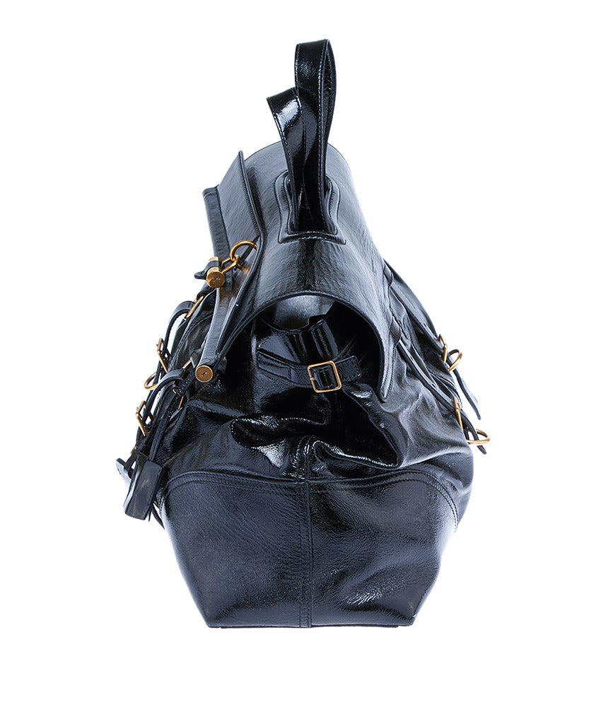Yves Saint Laurent Black Patent Leather Weekender Duffle Bag In Fair Condition For Sale In Bala Cynwyd, PA