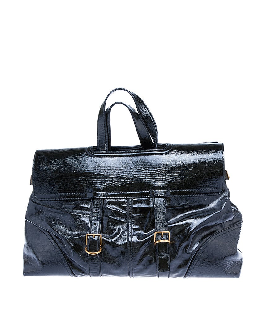 Women's or Men's Yves Saint Laurent Black Patent Leather Weekender Duffle Bag For Sale