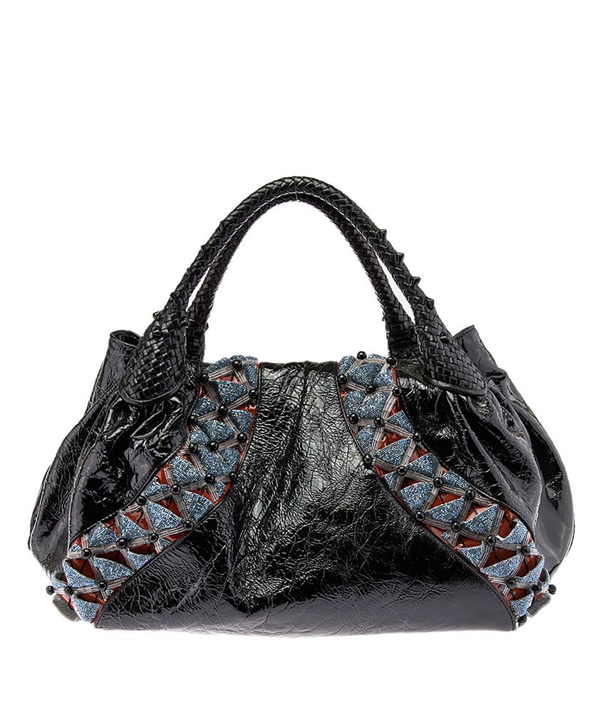 Fendi Limited Edition Black Patent Leather Beaded Spy Bag For Sale 1