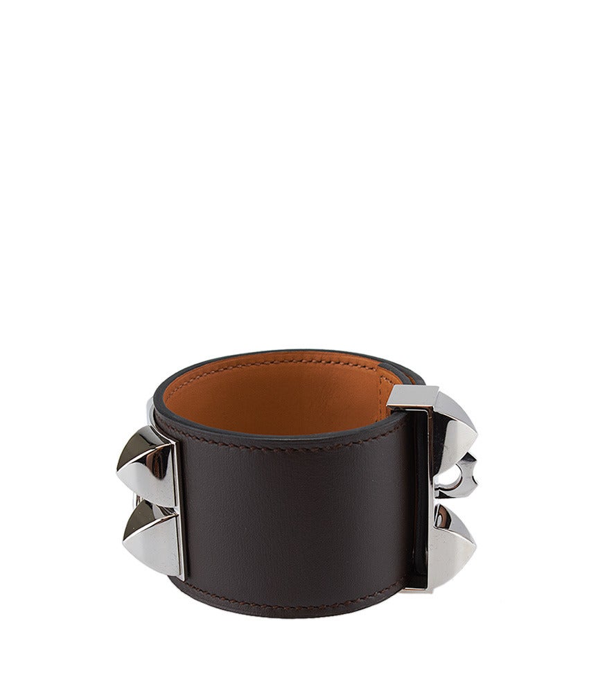 Hermes Collier de Chien Brown Leather & Silver-tone Metal Cuff Bracelet In Excellent Condition For Sale In Bala Cynwyd, PA