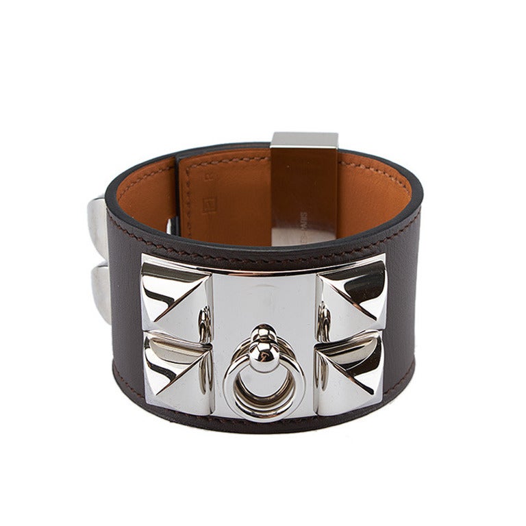 Hermes Collier de Chien Brown Leather & Silver-tone Metal Cuff Bracelet For Sale
