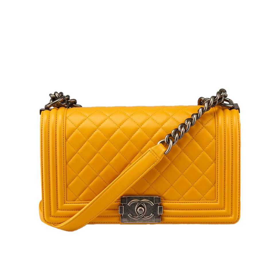 2015 Chanel Le Boy Quilted Yellow Lambskin Medium Flap Shoulder Bag For Sale