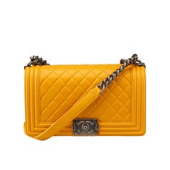 2015 Chanel Le Boy Quilted Yellow Lambskin Medium Flap Shoulder Bag