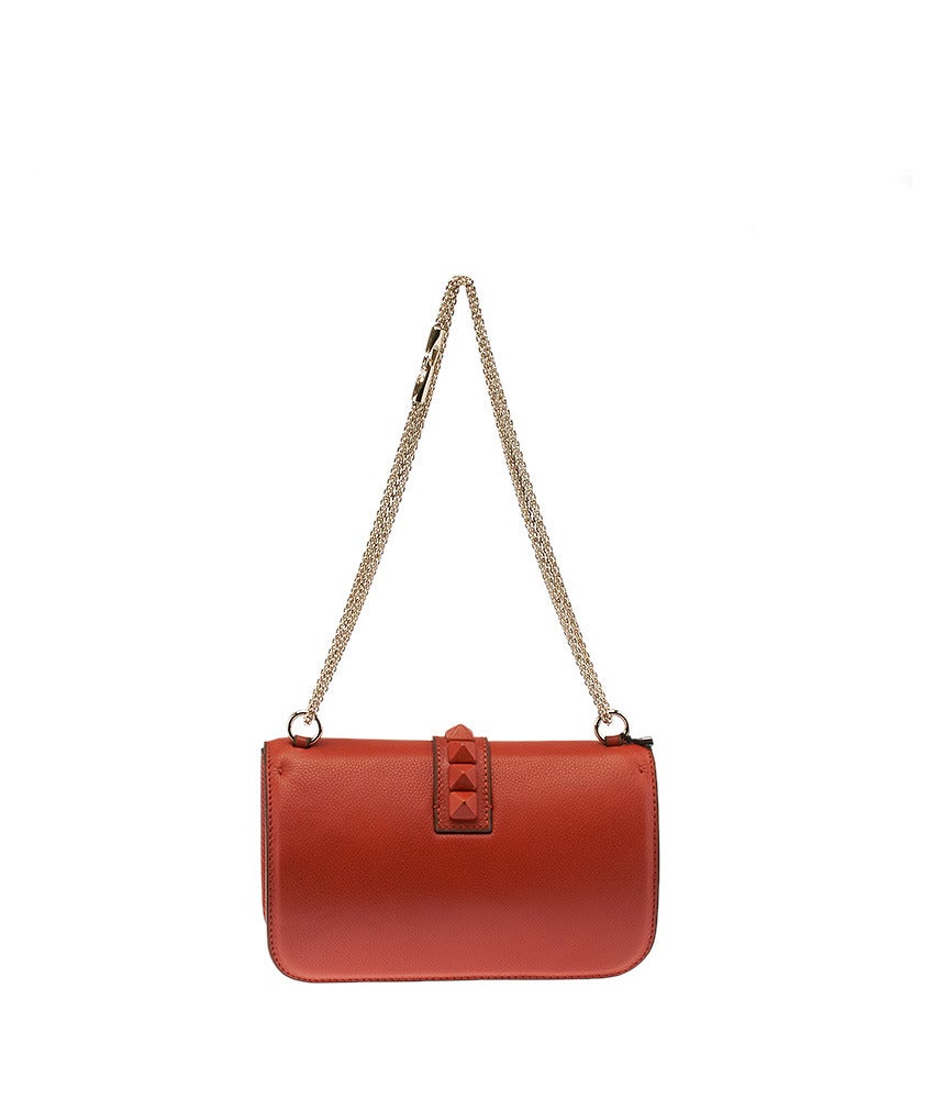 Women's Valentino Glam Rockstud Orange Leather Medium Flap Shoulder Bag For Sale