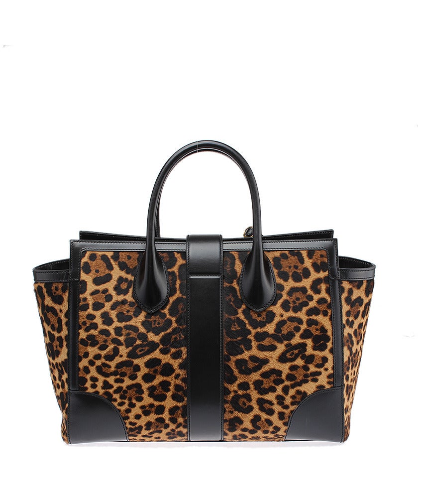 Women's Gucci Lady Buckle Leopard Print Pony Hair and Black Leather Shoulder Tote For Sale