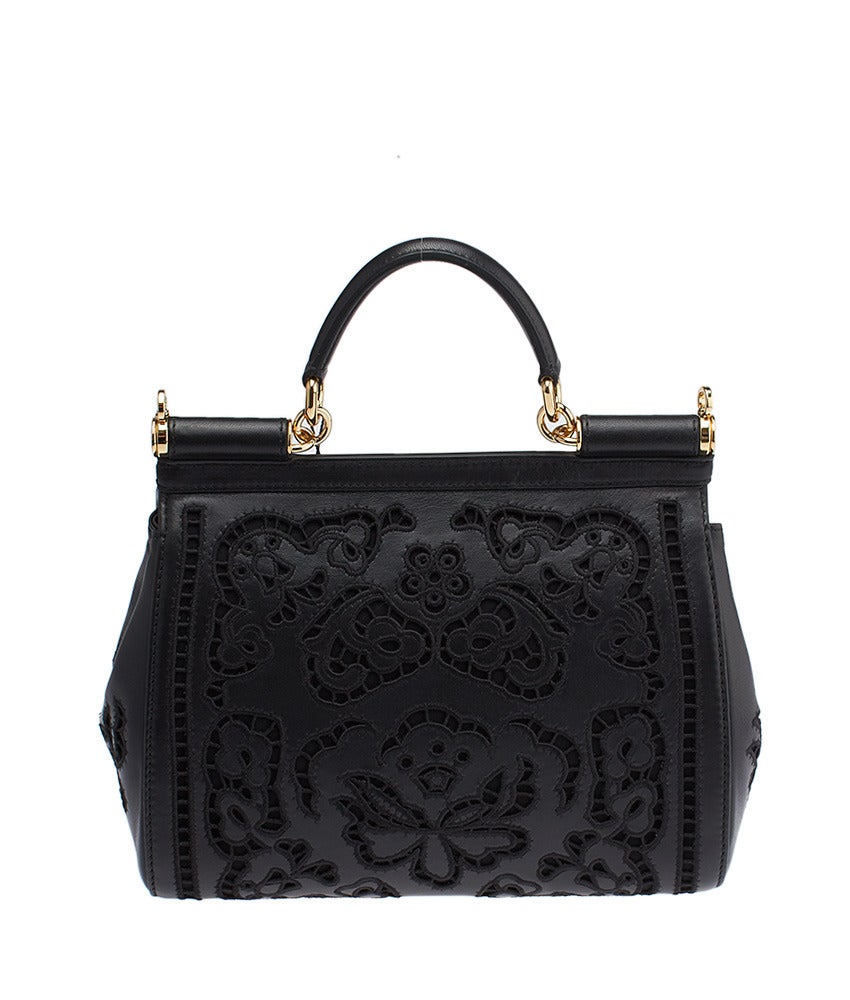 Dolce & Gabbana Miss Sicily Black Laser Cut Leather Crossbody Bag For Sale 1
